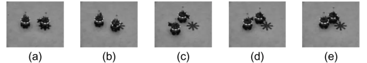 Figure 3. Snapshots from a successful trial: (a) initial configuration, (b) starting phase, (c) role allocation phase, (d) gripping phase, (e) success (grip).