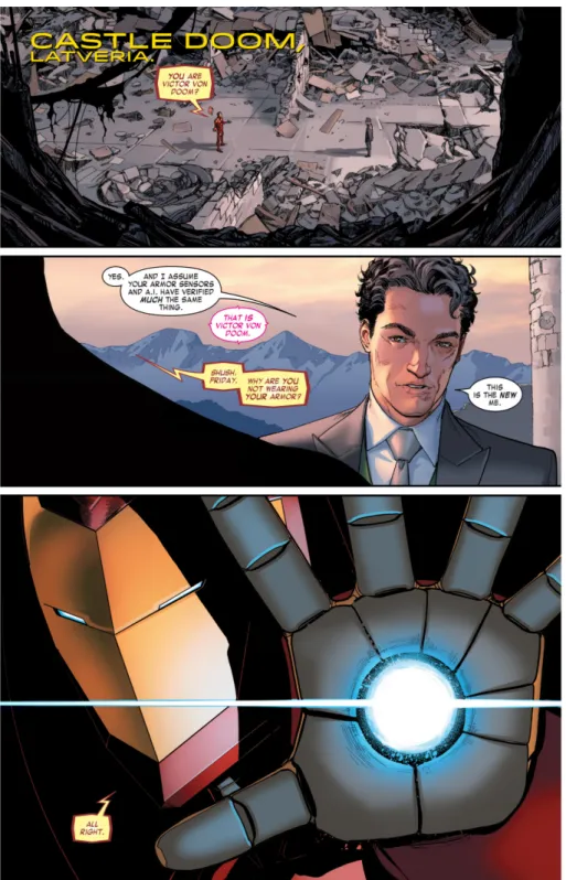 Figure 2.5: An Iron Man comic book page taken from [Ben15b] showing text balloons that own distinct background colors between them.