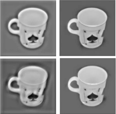 Figure 5: Image coding based on wavelets (left) and the brightness model (right). In  both cases a limited number of scales has been used (top), which leads to severe  rip-pling in the case of coding