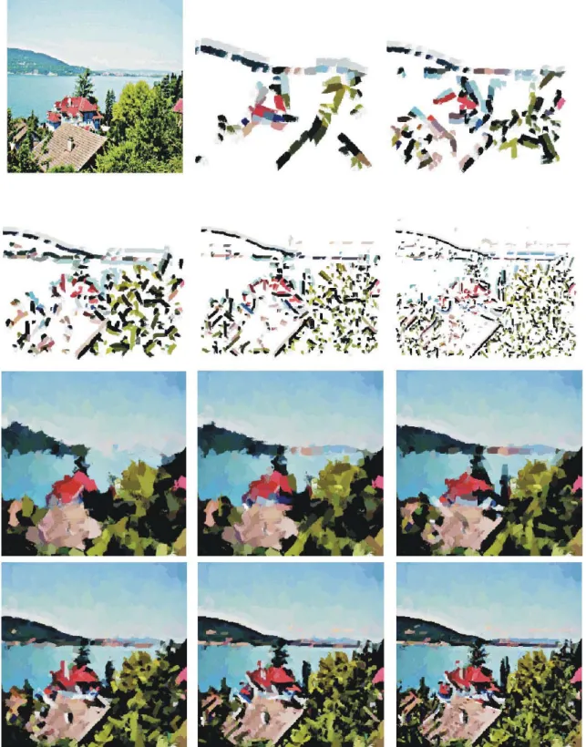 Figure 6: Rendering: the input image (top-left) is first used to paint a background with a big  brush (shown on the third row at left), on which foreground strokes can be painted using 