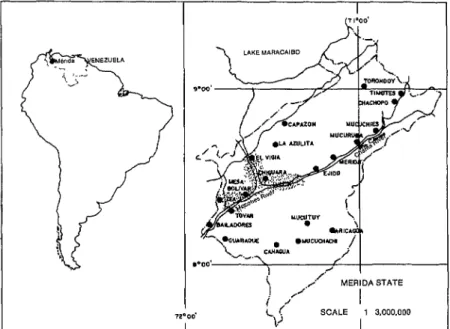 Figure  1.  A  map  showing  the  area  studied  in  the  state  of  M&amp;da,  Venezuela