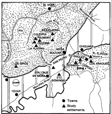 Figure  2.  A  map  of  the  study  area  showing  the  13  settlements  covered,  a  few  of  the  major  settlements  in 