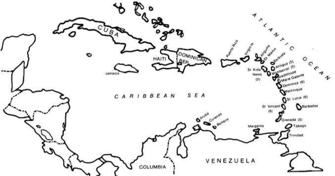 Figure  1.  A  map  ehowing  the  seven  countries  of  the  Commonwealth  Caribbean  that  have  sent  district  nurses  to  St