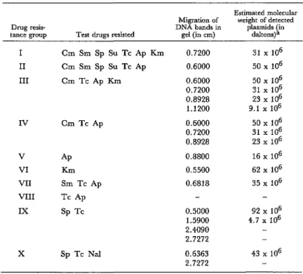 Table  5.  Electrophoretic  migration  in  centimeters  and  estimated  molecular  weight  in  daltons  of  plasmids  extracted  from  E