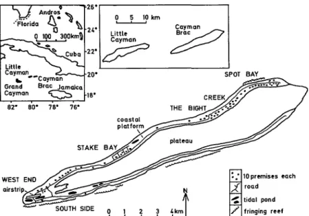 Figure  1. Maps  of  the  Cayman  Islands.  The  map of  Cayman  Brat  shows the 