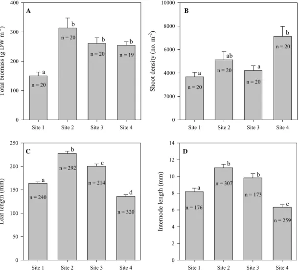 Fig. 2.4. Spatial variation of Zostera noltii (A) total biomass, (B) shoot density, (C) leaf  length and (D) internode length (annual means)