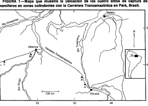 FIGURA  I-Mapa  que  muestra  la  ublcacldn  de  los  cuatro  sitios  de  captura  de  mamíferos  en  zonas  colindantes  con  la  Carretera  Transamazónlca  en  Par&amp;,  Brasil