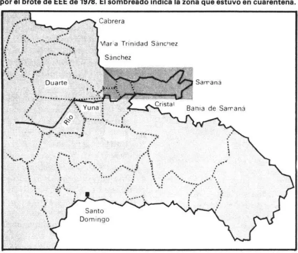 FIGURA  2-  Mapa  de  la  República  Dominicana  que  muestra  los  lugares  afectados  por  el  brote  de  EEE  de  1979