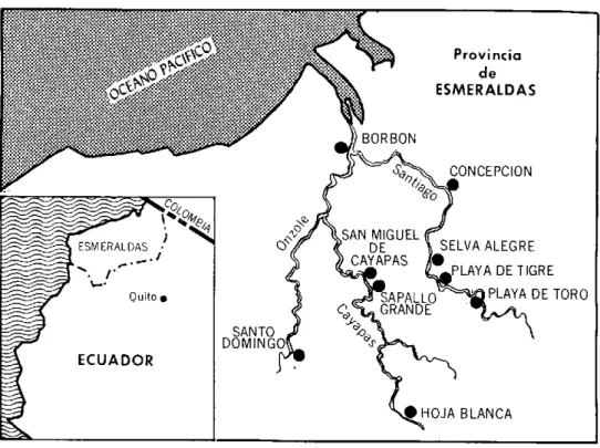 Figura  1.  Distribución  de  localidades  encontradas  positivas  de  oncocercosis  en  el  Ecuador.