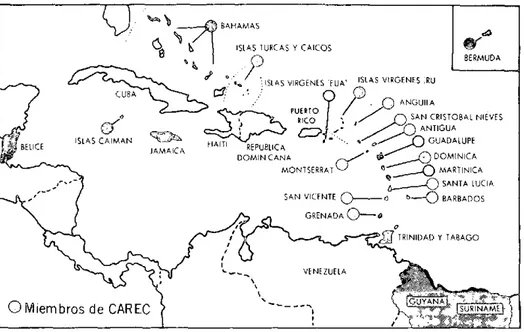 Figura  1.  Paises  y  territorios  mremnbros  del  Centro  de  Epde  ienlogía  del  Caribe  (CARIEC).