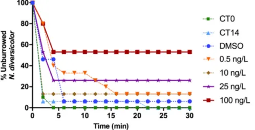 Fig. 3. N. diversicolor AChE activity (mean ± S.D.) (ATC.min −1 mg −1 protein) in unexposed (CT0; CT14) and exposed to DMSO and to TAM concentrations (0.5, 10, 25 and 100 ng L −1 )