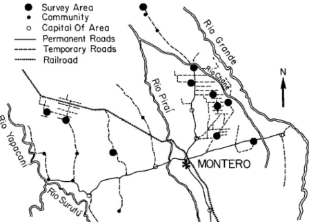 Figure  1.  The  Montero  region  of  Bolivia,  showing  the  11 survey  areas. 