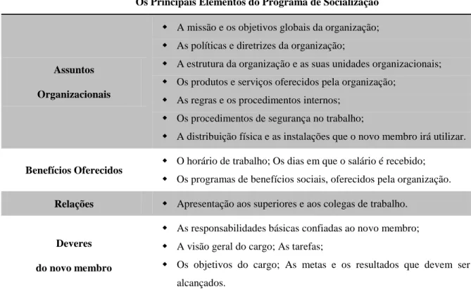 Tabela 2.14 - Os Principais Elementos do Programa de Socialização 