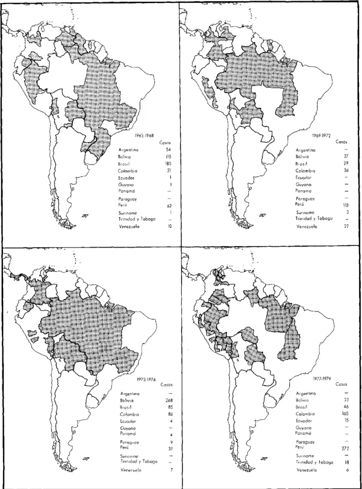 Figura  2.  Casos  notificados  de  fiebre  amarilla  selvática,  por  país  y divisiones  administrativas  principales,  1965-1979.*