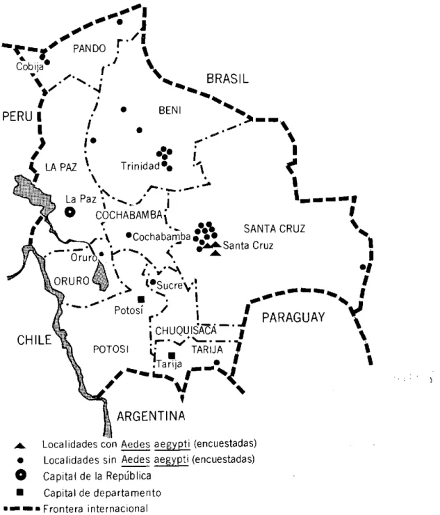 Figura  1.  Localidades  encuestadas  para determinar la  presencia  de  Aedes aegypti,  Bolivia, 1980