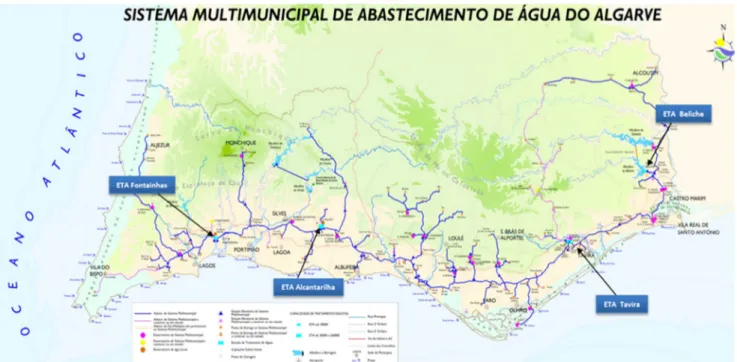 Figura 1.1 – Mapa do Sistema Multimunicipal de Abastecimento de Água ao Algarve concessionado pela Águas do Algarve SA