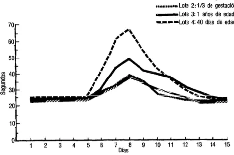 FIGURA  2-Tiempo  de  protrombina  de  vacas  en  período  de  gestación,  vaquillas  de  un  año  y  becerros  de  40  días  de  edad  tratados  con  Vampirinip  III  (5  mg  de  warfarina  por  kg  de  peso)