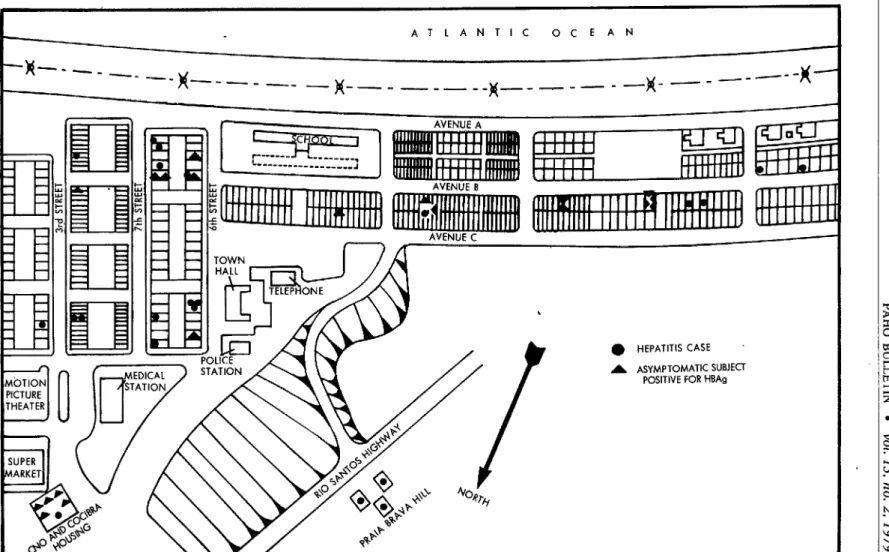 Figure  1.  A  map  of  the  town  of  Praia  Bmva  showing  the  residences  of  hepatitis  patients  and  of  asymptomatic  subjects  seropositive  for  HB  Ag