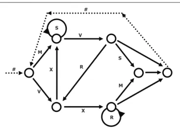 FIGURE 1 | The transition graph representation of the grammar used in the experiment (cf., Reber, 1967).