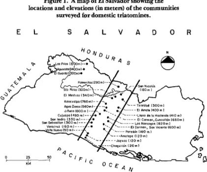 Figure  1.  A  map  of  El Salvador  showing  the  locations  and  elevations  (in  meters)  of the  communities 