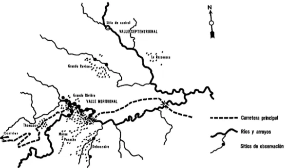 FIGURA  l-Mapa  del  valle  de  Richefond.  con  indicaci6n  de  los  sitios  de  observación  del  contacto  con  el  agua