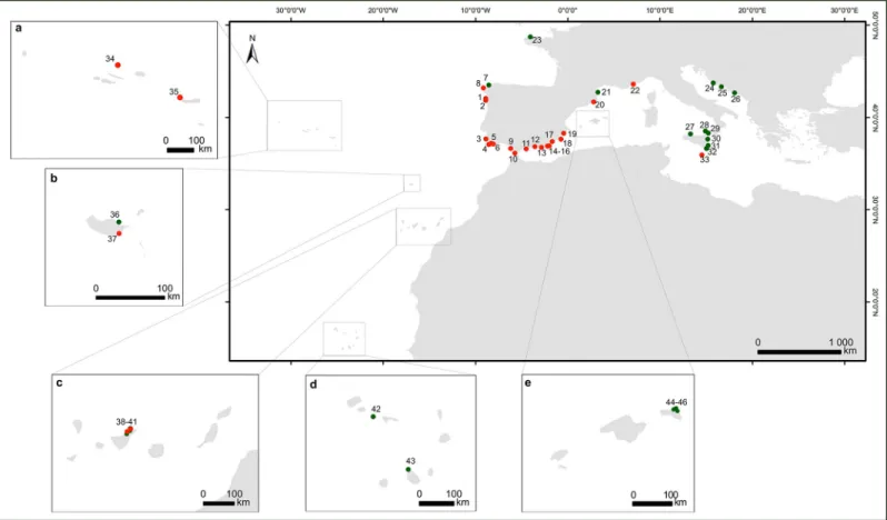 Fig 1. Geographical distribution of the Cystoseira samples used in this study. Green dots represent GenBank sequences and the red dots data obtained in this study.