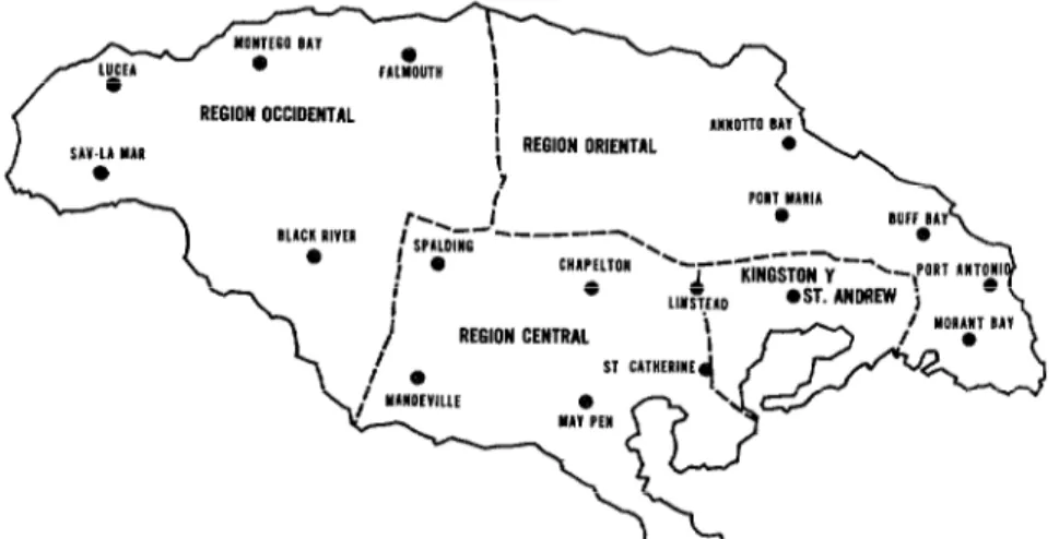 FIGURA  I-Regiones  psiquiátricas  en  Jamaica  y  localización  de  los  hospitales  provistos  de 