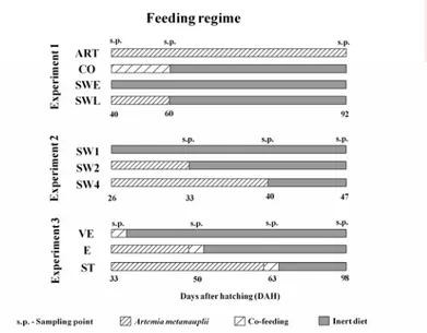 Fig. 3.1 - Summary of feeding regime for postlarvae during three experiments. In  Experiment 1, treatments were ART: Artemia metanauplii during the whole experiment,  CO: co-feeding during 20 days, SWE: sudden weaning at 40 DAH and SWL: sudden  weaning at 
