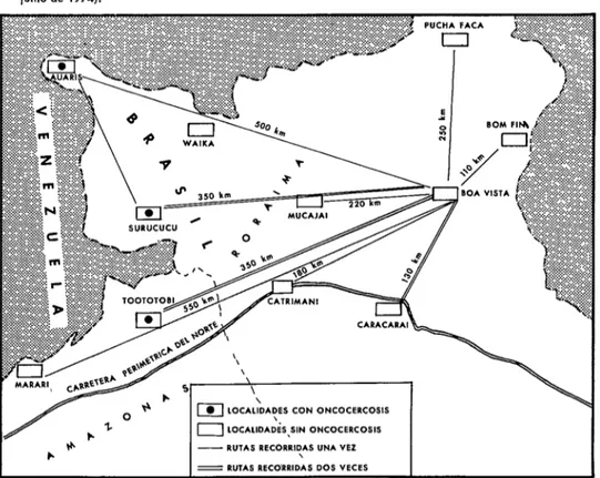 FIGURA  1-Area  investigada  en  la  que  se  indica  las  rutas  recorridas  y  áreas  visitadas  (mayo-  junio  de  1974)