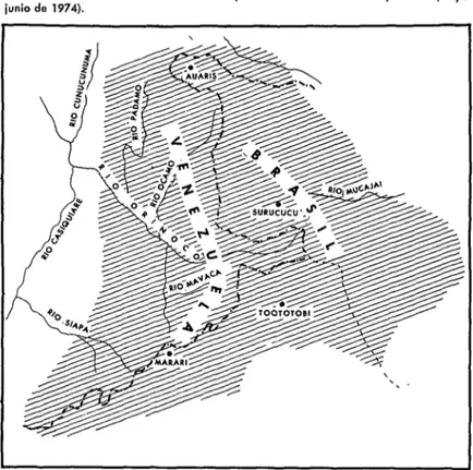 FIGURA  2-Distribución  de  los  indios  yanomomas  en  Venezuela  y  Brasil  (mayo-  junio  de  1974)