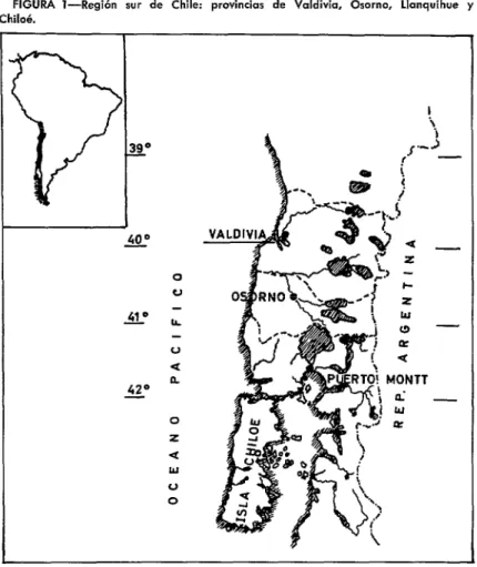 FIGURA  l-Región  sur  de  Chile:  provincias  de  Valdivia,  Osorno,  llanquihue  y 