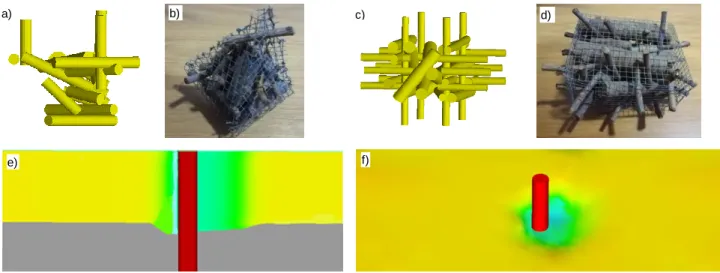 Figure 4. Debris shape: Triangular: a) Flow-3D and b) Experimental test; Rectangular: c) Flow-3D and  d) Experimental test; e) side view of Flow-3D results; e) 3D view of Flow-3D results.
