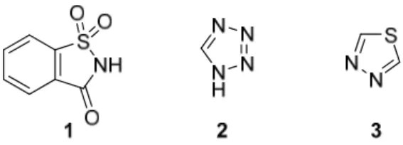 Figure 1. Structures of 1,2-benzisothiazole-3-one 1,1-dioxide (1, saccharin), 1H-tetrazole (2), and 1,3,4- 1,3,4-thiadiazole (3)