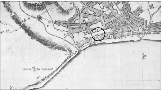 Fig. 9: Pormenor da Planta da Cidade do Funchal, pelo Capitão Skinner, 1775,  assinalando o Teatro Funchalense