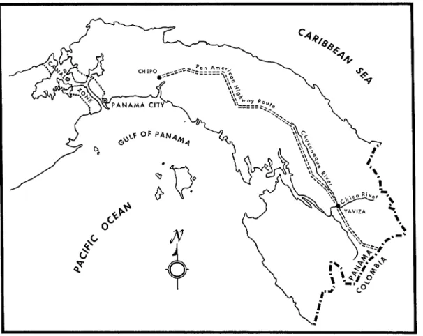 FIGURE  1-A  map  of  eastern  Panama  showing  the  projected  route  of  the  Pan  American  Highway  and  the  location  of  Yaviza