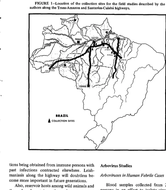 FIGURE  l-Location  of  the  collection  sites for  the  field  studies described by  the  authors  along the Trans-Amazon  and Santa&amp;m-Cuiabi  highways
