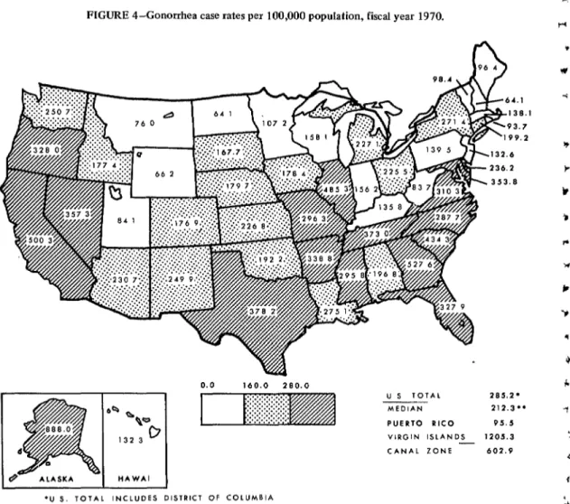 FIGURE  4-Gonorrhea  case  rates per  100,000 population,  fiscal year  1970. 