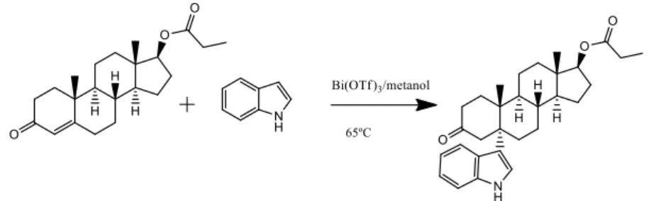 Figura 7:  Reação de adição nucleofílica do indole ao propionato de testosterona. Substrato 3a; Produto 3b.