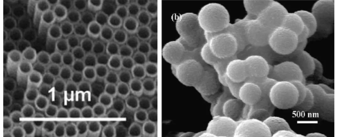 Figura 2: Nanotubos e nanoesferas ocas de TiO 2 , adaptado de P. Schmuki et al, 2010 e Yanhui Ao, 2009  respectivamente 