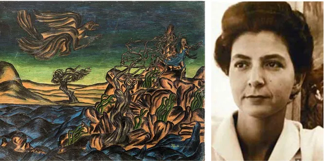 Figure 1 - The Girl and the Beast (1941), oil on canvas, 70 X 55 cm. (Left); Inji Efflatoun (Right)  Sources: https://universes.art/en/nafas/articles/2016/egyptian-surrealists/img/inji-efflatoun &amp; 
