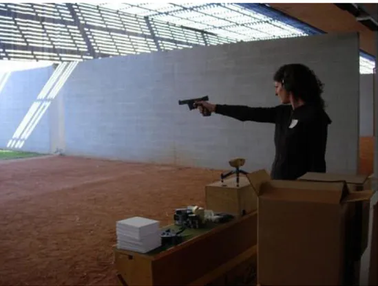 Figure 3 - Emily Jacir, Material for a Film (2004-ongoing). Emily Jacir in Sydney at a shooting  range