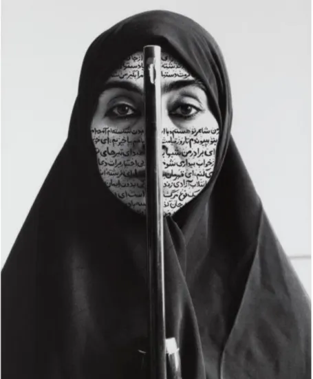 Figure 4 - Shirin Neshat in Rebellious Silence (1994), from the series Women of Allah  (1993–1997) RC print &amp; ink, 118.4 x 79.1 cm 