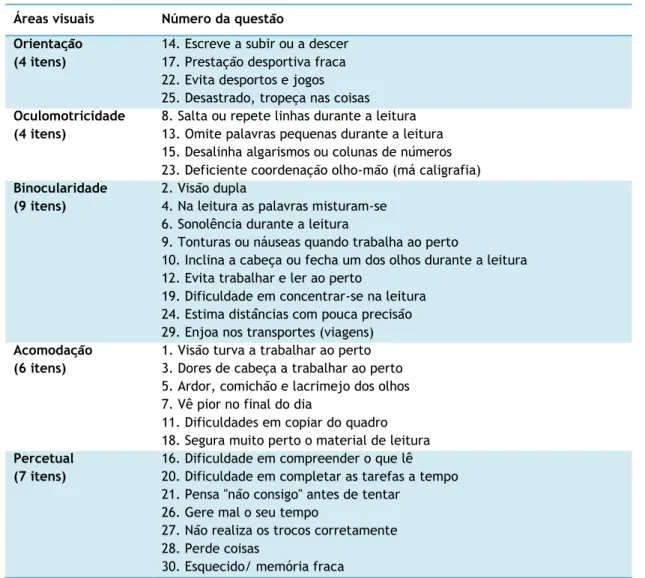 Tabela 1.1 - Classificação por cinco áreas visuais e respetivas questões associadas. 