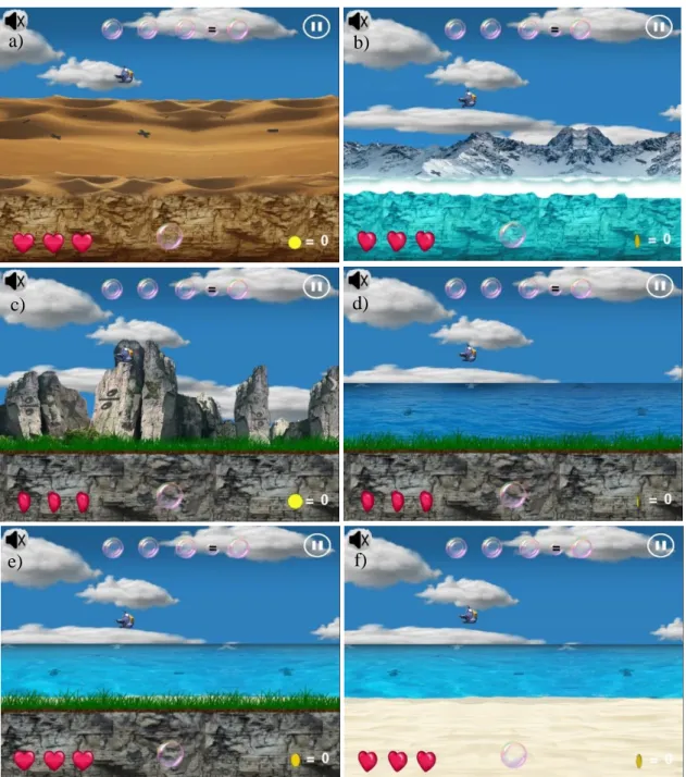 Figura 20. Cenários do jogo: a) Deserto; b) Montanhas Nevadas; c) Selva Tropical; d) Praia (a Costa);  