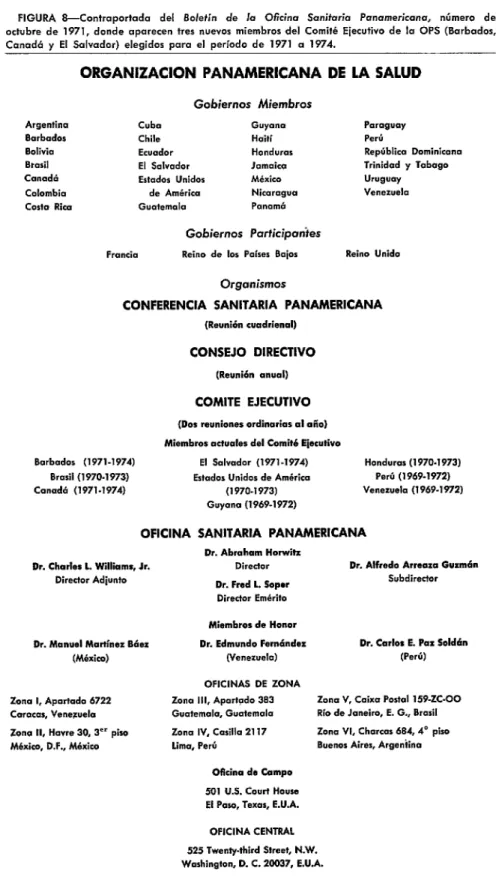 FIGURA  S-Contraportada  del  Wetin  de  la  Oficina  Sanhria  Panamericana,  número  de  octubre  de  1971,  donde  aparecen  tres  nuevos  miembros  del  Comité  Ejecutivo  de  la  OPS  (Barbados,  Canadá  y  El  Salvador)  elegidos  para  el  periodo  d