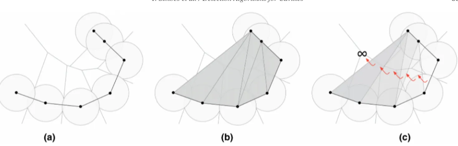 Figure 16: Discrete-flow method at work: (a) Voronoi space decomposition of a molecule; (b) Flow of obtuse triangles from the initial space decomposition; (c) example that shows a cavity that cannot be properly identified by the method, because the group o