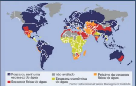 Figura 1 – Mapa da distribuição dos recursos hídricos no mundo (Adaptado da International Water  Institute)