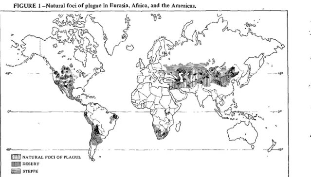 FIGURE  1 -Natural  foci  of  plague  in  Eurasia,  Africa,  and  the  Americas. 