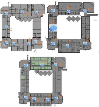 Figure 4-2 - Floor no 0, 1 and 2 (left to right) with placed beacons. 