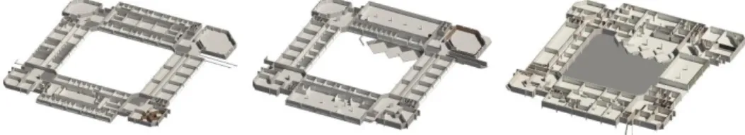 Fig. 3. 3D section views of the BIM model of ISCTE-IUL’s Building 1 – Sedas Nunes. 